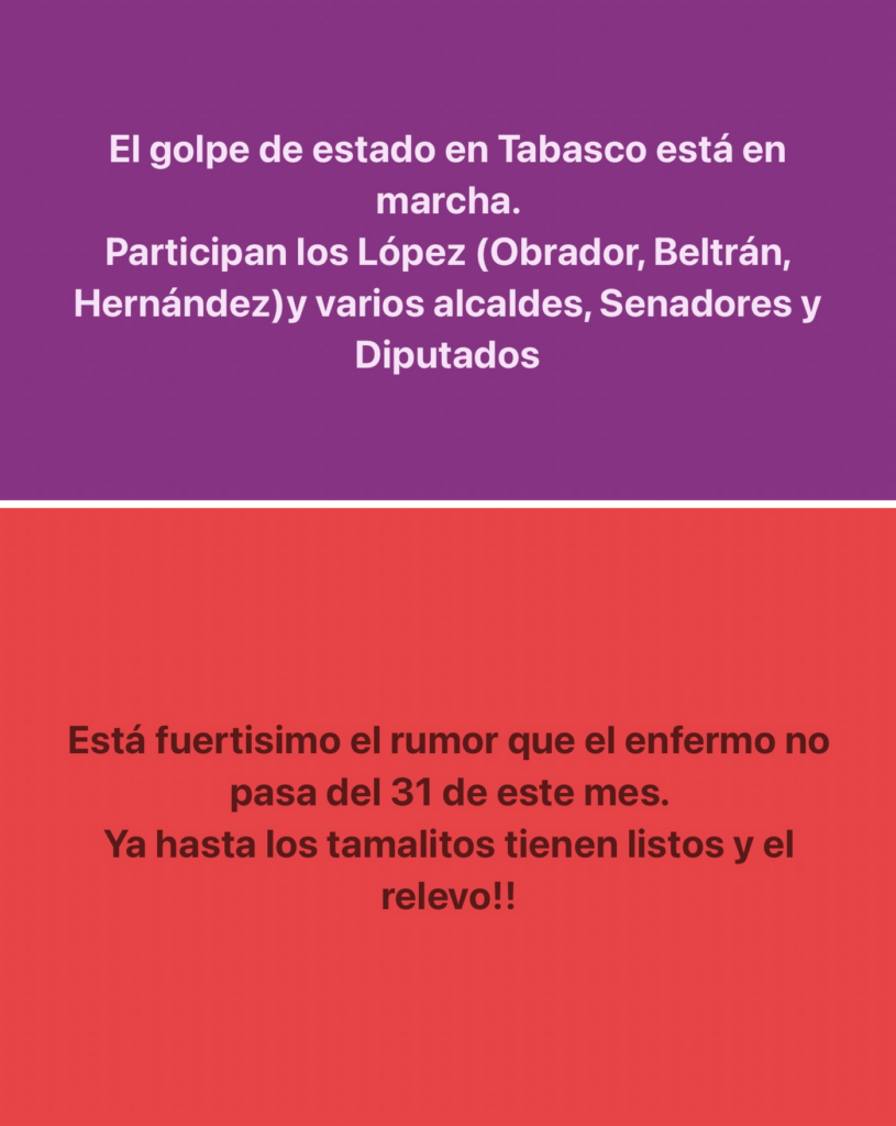 Captura de pantalla de la publicación de Manuel Andrade sobre un supuesto golpe de Estado en Tabasco