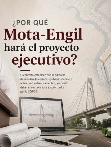 Ilustración editorial de Villahermosa 2030 que explica por qué Mota-Engil elaborará el proyecto ejecutivo antes de construir las principales obras del programa de infraestructura.