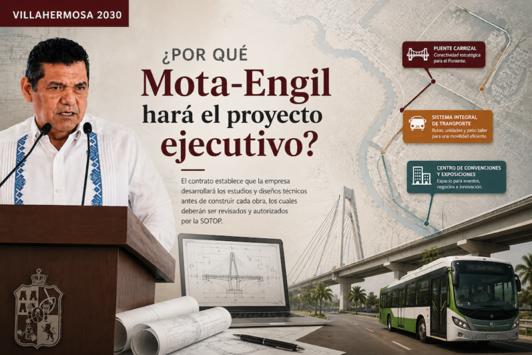 Ilustración editorial de Villahermosa 2030 que explica por qué Mota-Engil elaborará el proyecto ejecutivo antes de construir las principales obras del programa de infraestructura.