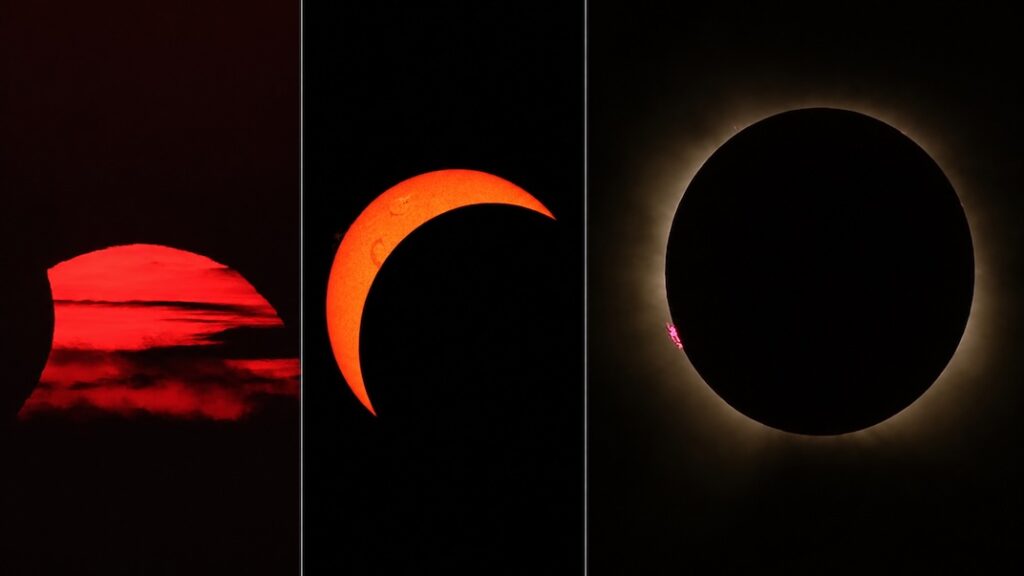 Tiled con tres vistas del eclipse solar de 2026: disco rojizo, fase creciente y corona durante la totalidad.