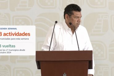 Javier May durante una conferencia; el visual informa ocho actividades semanales y ocho recorridos por los 17 municipios de Tabasco.