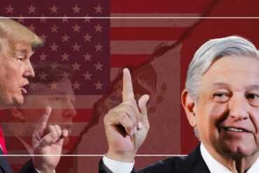 Composición de Donald Trump y Andrés Manuel López Obrador sobre las banderas de Estados Unidos y México divididas por una grieta