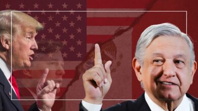 Composición de Donald Trump y Andrés Manuel López Obrador sobre las banderas de Estados Unidos y México divididas por una grieta
