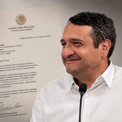 Visual editorial de Andrés Manuel López Beltrán junto a la carta que envió a Donald Trump, en una composición periodística de estilo sobrio y elegante.