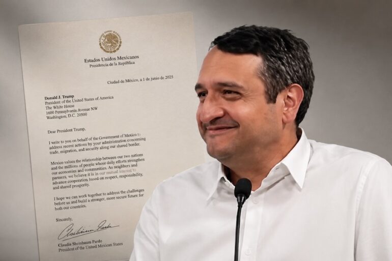 Visual editorial de Andrés Manuel López Beltrán junto a la carta que envió a Donald Trump, en una composición periodística de estilo sobrio y elegante.