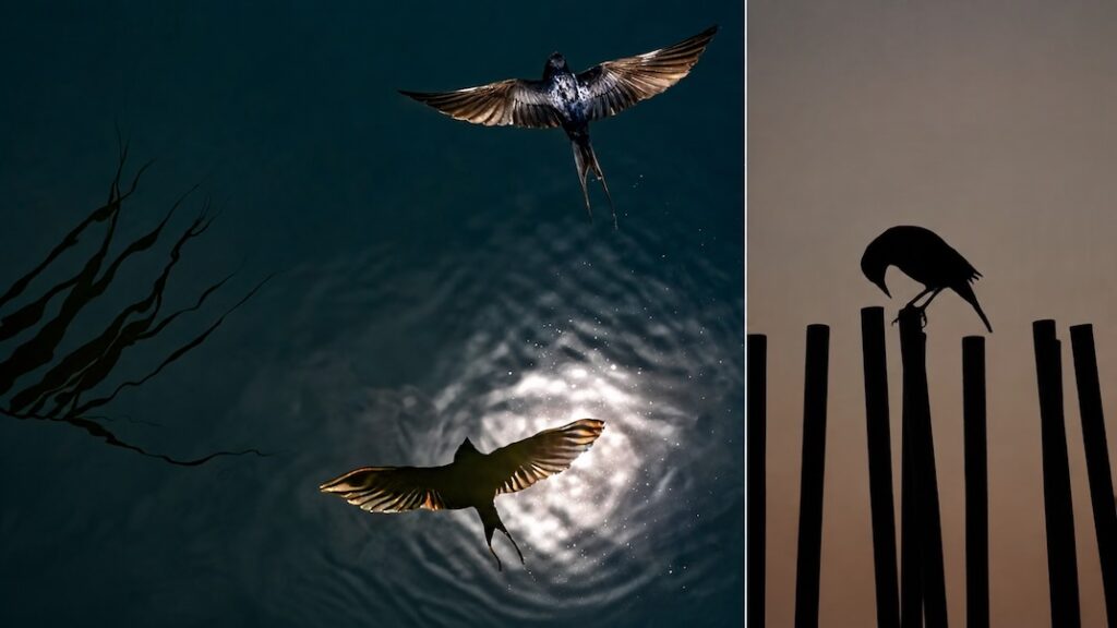 Tiled de aves en vuelo y un ave posada durante la oscuridad asociada con un eclipse solar.