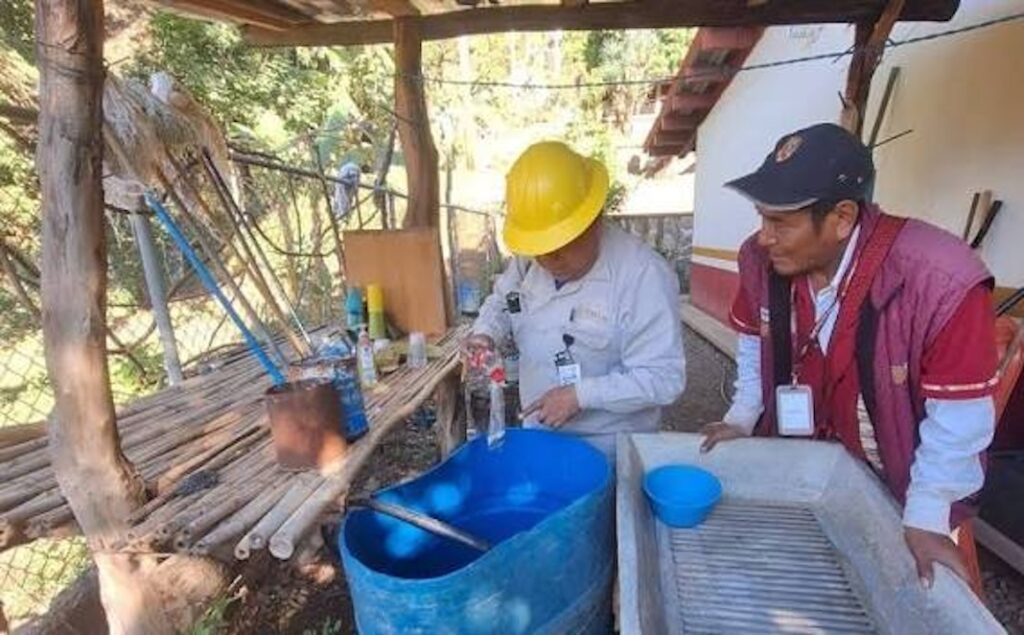 Trabajadores sanitarios revisan un depósito de agua durante acciones de control larvario contra el dengue