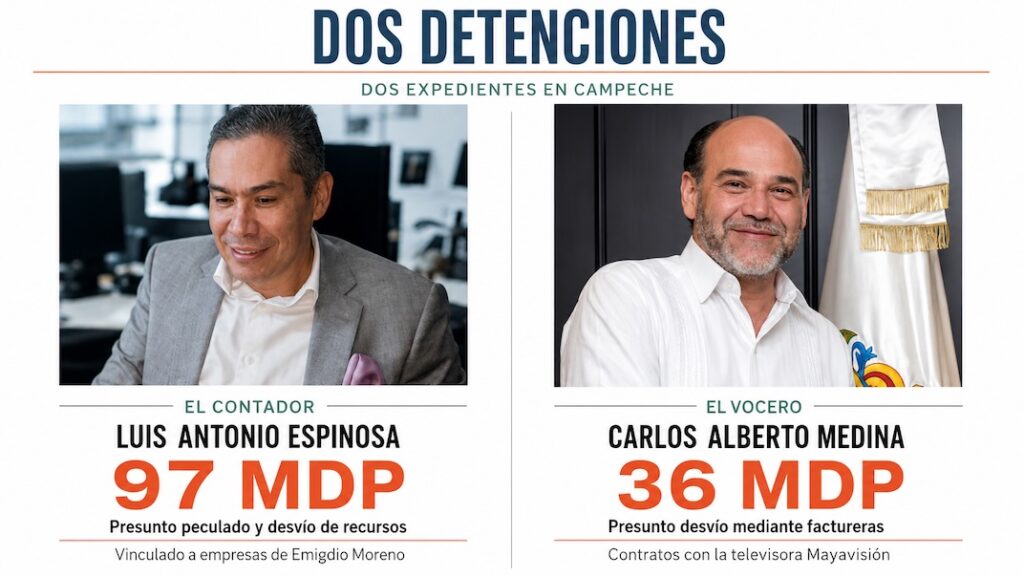 Comparativo de Luis Antonio Espinosa y Carlos Alberto Medina, detenidos en Campeche por presuntos desvíos de 97 y 36 millones de pesos.