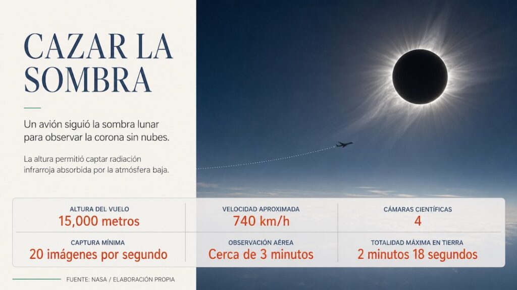 Visual del eclipse solar 2026 con un avión científico y datos de la observación de la corona.