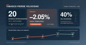 Visual sobre la economía de Tabasco: caída trimestral de 2.05%, crecimiento anual de 3.32% y dependencia petrolera de 40% del PIB estatal.
