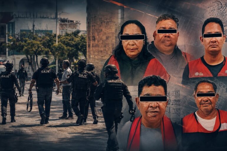 Composición con agentes durante el operativo federal en Paraíso y cinco personas detenidas presentadas ante la FGR.