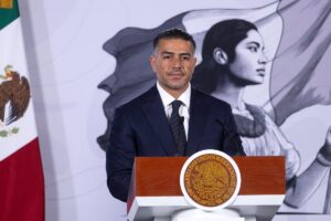 Omar García Harfuch durante la conferencia sobre resultados de la Estrategia Nacional de Seguridad en México