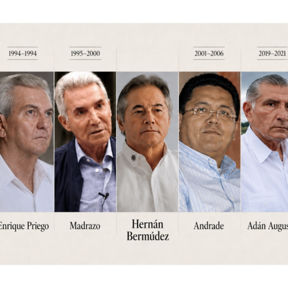 Hernán Bermúdez al centro de una composición con Manuel Gurría, Enrique Priego, Roberto Madrazo, Manuel Andrade, Adán Augusto López y Carlos Merino.