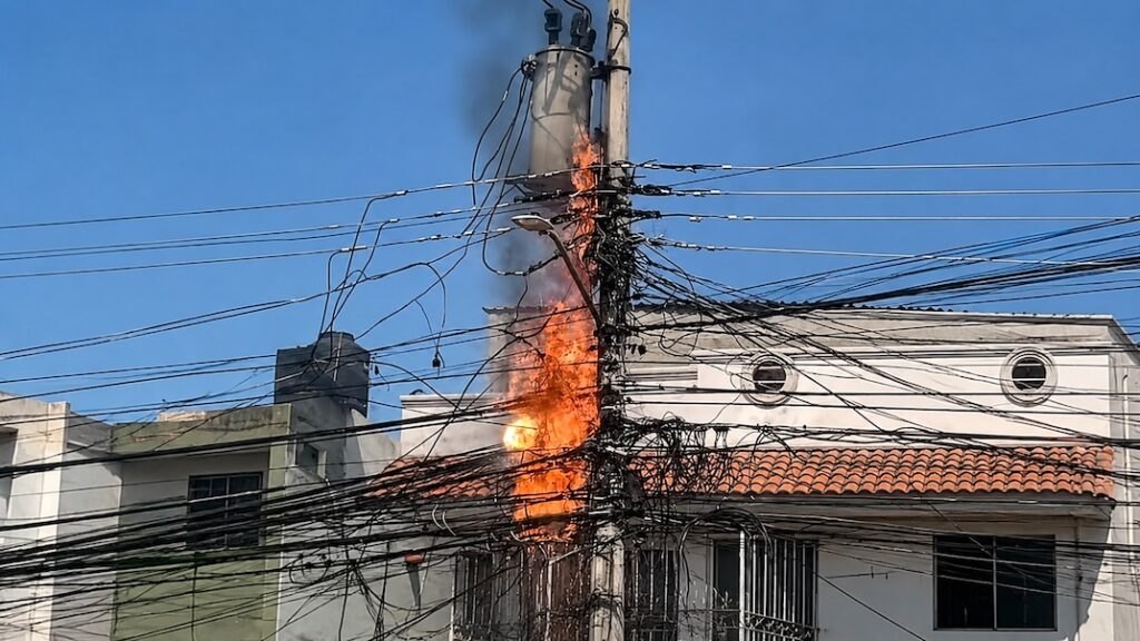 Incendio de una conexión eléctrica irregular en un poste rodeado por una maraña de cables.