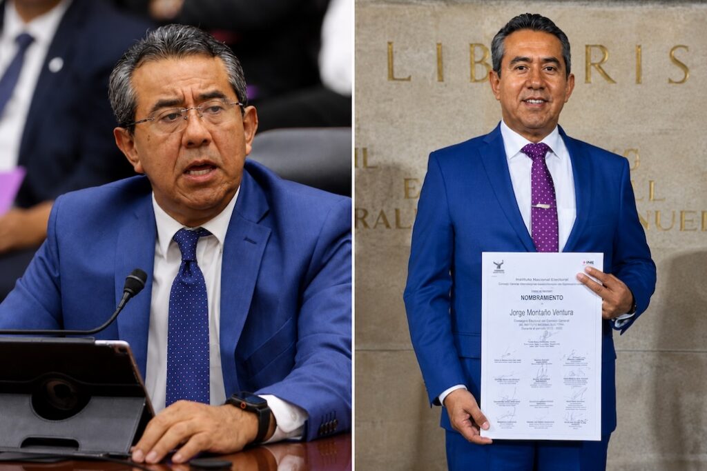 Jorge Montaño Ventura durante una sesión del INE y con su nombramiento como consejero electoral nacional.