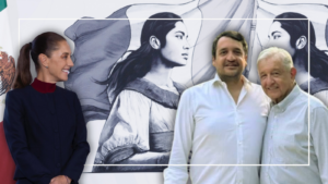 Claudia Sheinbaum, Andy López Beltrán y Andrés Manuel López Obrador en una composición fotográfica sobre el caso de la visa cancelada