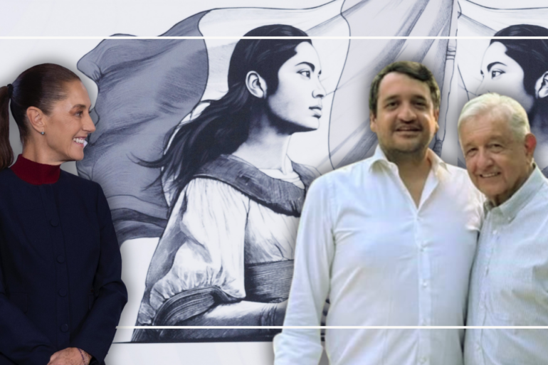 Claudia Sheinbaum, Andy López Beltrán y Andrés Manuel López Obrador en una composición fotográfica sobre el caso de la visa cancelada