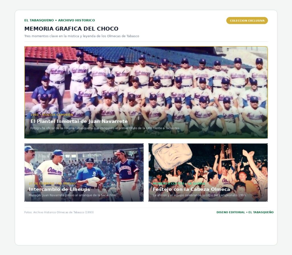 Mosaico de fotografías históricas de los Olmecas de Tabasco campeones de la LMB en 1993, mostrando el roster completo en el Estadio Parque Centenario 27 de Febrero, el mánager Juan Navarrete en el intercambio de lineups y la afición festejando con el trofeo y la Cabeza Olmeca.