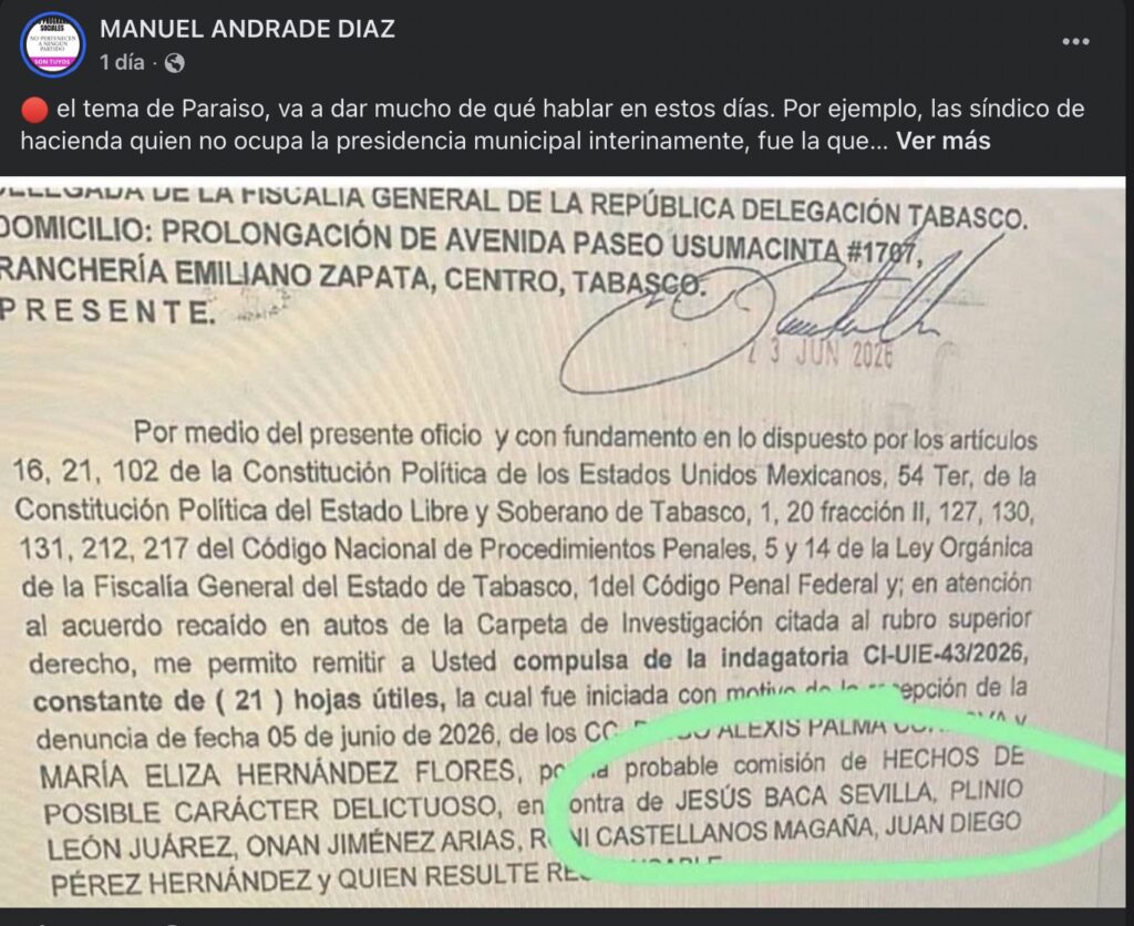 Fragmento de la querella presentada el 5 de junio de 2026, difundido por Manuel Andrade Díaz