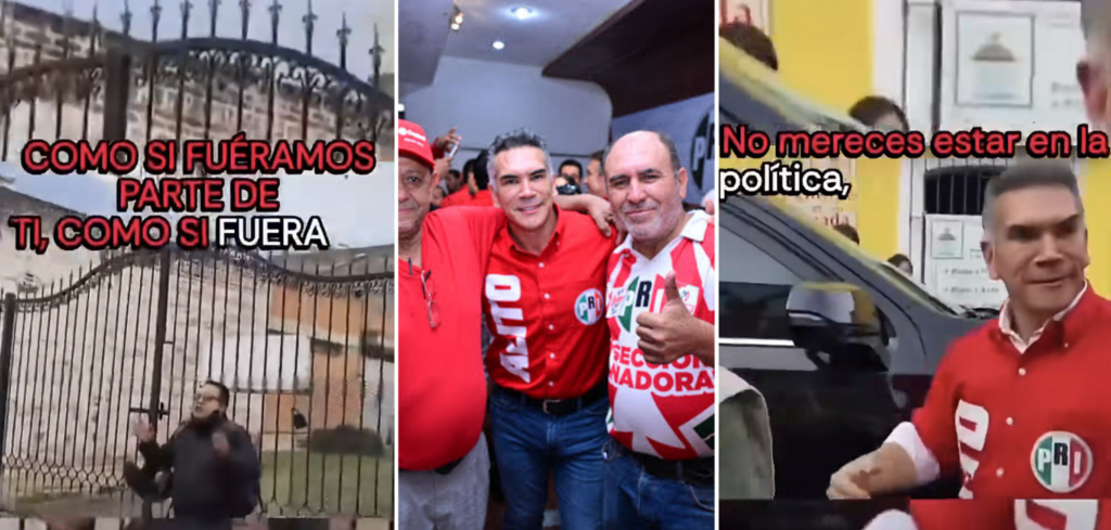 omposición con imágenes del momento en que un joven increpa a Alejandro Moreno en Tlaxcala y una fotografía del dirigente del PRI con militantes en Tabasco.