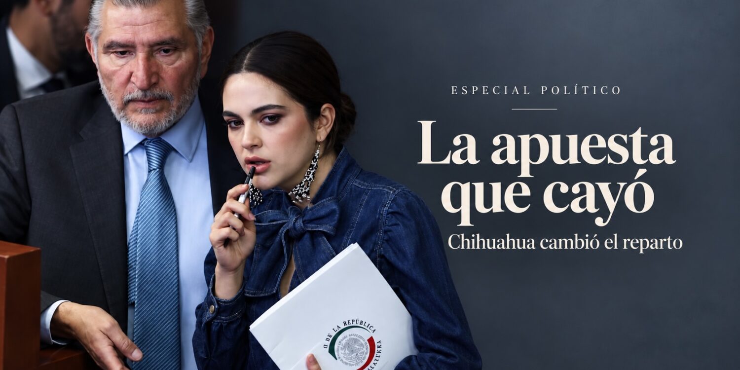 Adán Augusto López y Andrea Chávez en una imagen editorial sobre la derrota de la senadora en el proceso interno de Morena por la candidatura de Chihuahua.