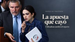 Adán Augusto López y Andrea Chávez en una imagen editorial sobre la derrota de la senadora en el proceso interno de Morena por la candidatura de Chihuahua.