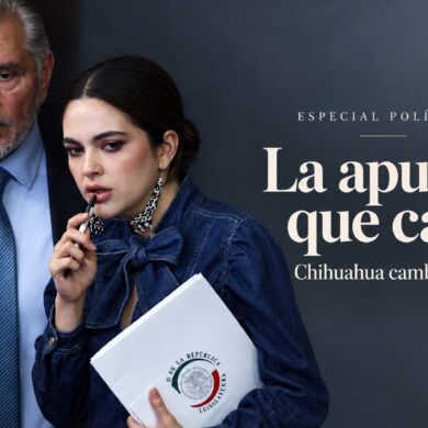 Adán Augusto López y Andrea Chávez en una imagen editorial sobre la derrota de la senadora en el proceso interno de Morena por la candidatura de Chihuahua.