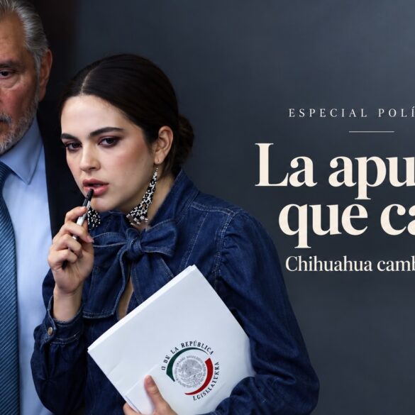 Adán Augusto López y Andrea Chávez en una imagen editorial sobre la derrota de la senadora en el proceso interno de Morena por la candidatura de Chihuahua.