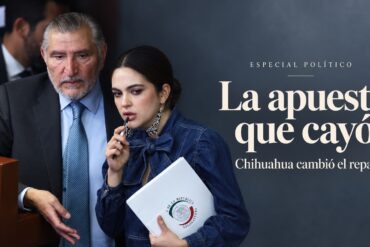 Adán Augusto López y Andrea Chávez en una imagen editorial sobre la derrota de la senadora en el proceso interno de Morena por la candidatura de Chihuahua.