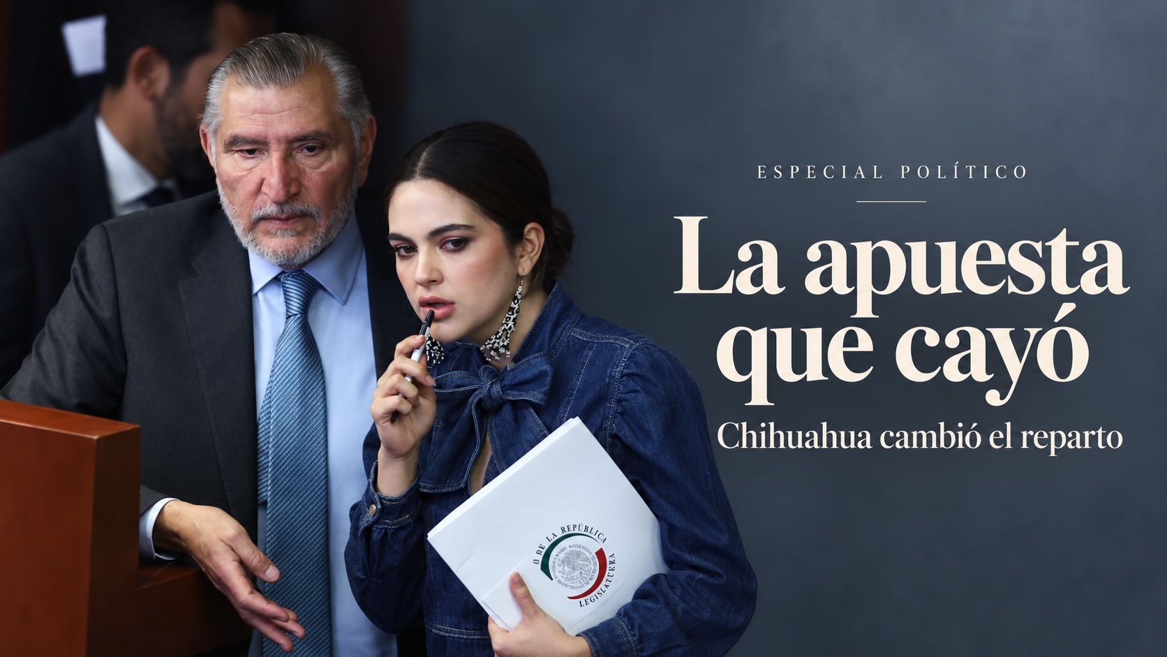 Adán Augusto López y Andrea Chávez en una imagen editorial sobre la derrota de la senadora en el proceso interno de Morena por la candidatura de Chihuahua.