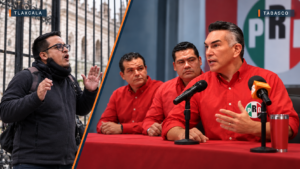 Imagen HERO con composición dividida entre Tlaxcala y Tabasco: a la izquierda, el joven que increpó a Alejandro Moreno; a la derecha, el dirigente del PRI durante una conferencia en Tabasco.