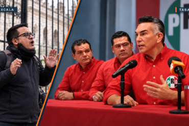 Imagen HERO con composición dividida entre Tlaxcala y Tabasco: a la izquierda, el joven que increpó a Alejandro Moreno; a la derecha, el dirigente del PRI durante una conferencia en Tabasco.