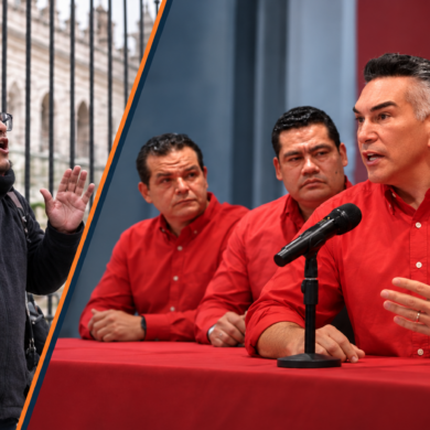 Imagen HERO con composición dividida entre Tlaxcala y Tabasco: a la izquierda, el joven que increpó a Alejandro Moreno; a la derecha, el dirigente del PRI durante una conferencia en Tabasco.