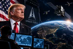 Logotipo de la Fuerza Espacial de Estados Unidos en una bandera durante el reconocimiento de armas desplegadas en el espacio