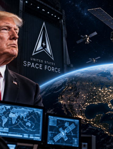 Logotipo de la Fuerza Espacial de Estados Unidos en una bandera durante el reconocimiento de armas desplegadas en el espacio