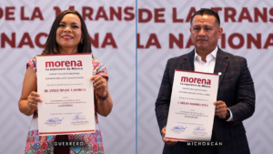 Beatriz Mojica y Carlos Torres Piña muestran sus nombramientos de Morena para coordinar los trabajos del partido en Guerrero y Michoacán.