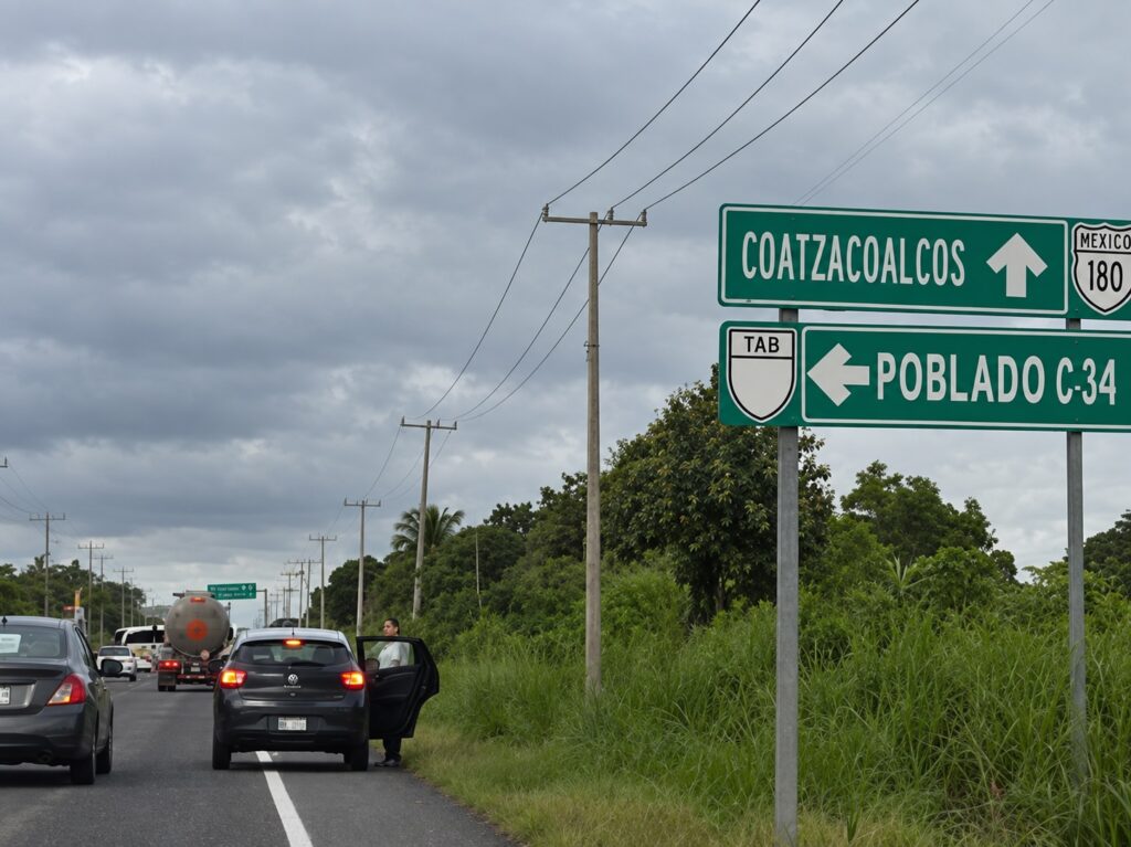 Señalamiento carretero hacia Coatzacoalcos con escudo de Tabasco, en zona de campos petroleros del estado