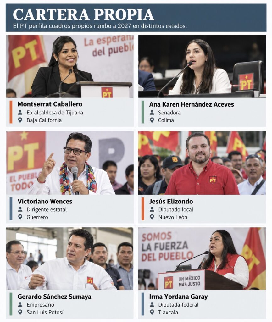 Visual editorial tipo mosaico con seis perfiles del PT rumbo a 2027: Montserrat Caballero, Ana Karen Hernández Aceves, Victoriano Wences, Jesús Elizondo, Gerardo Sánchez Sumaya e Irma Yordana Garay.