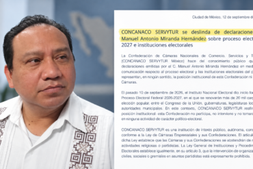 Manuel Antonio Miranda junto al posicionamiento en el que CONCANACO SERVYTUR se deslinda de sus declaraciones sobre el proceso electoral de 2027.