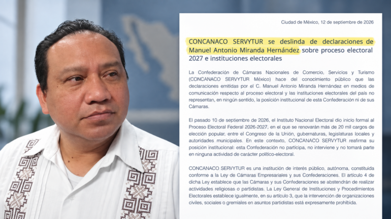 Manuel Antonio Miranda junto al posicionamiento en el que CONCANACO SERVYTUR se deslinda de sus declaraciones sobre el proceso electoral de 2027.