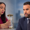 Composición editorial de una mujer con un reloj de arena y un hombre de traje colocados frente a frente tras una discusión en X.