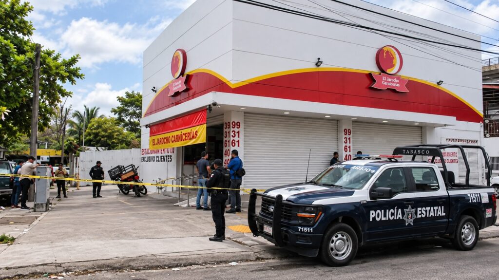 Policía Estatal resguarda una sucursal de El Jarocho Carnicerías en Tabasco tras un asesinato vinculado a la investigación por extorsiones.