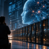 Figura humana frente a servidores y una representación digital de inteligencia artificial