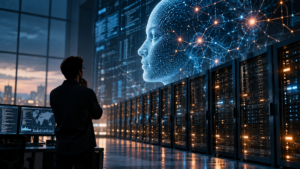 Figura humana frente a servidores y una representación digital de inteligencia artificial