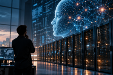 Figura humana frente a servidores y una representación digital de inteligencia artificial