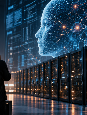 Figura humana frente a servidores y una representación digital de inteligencia artificial