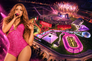 Shakira en el cartel promocional de su residencia europea Las Mujeres Ya No Lloran en Madrid