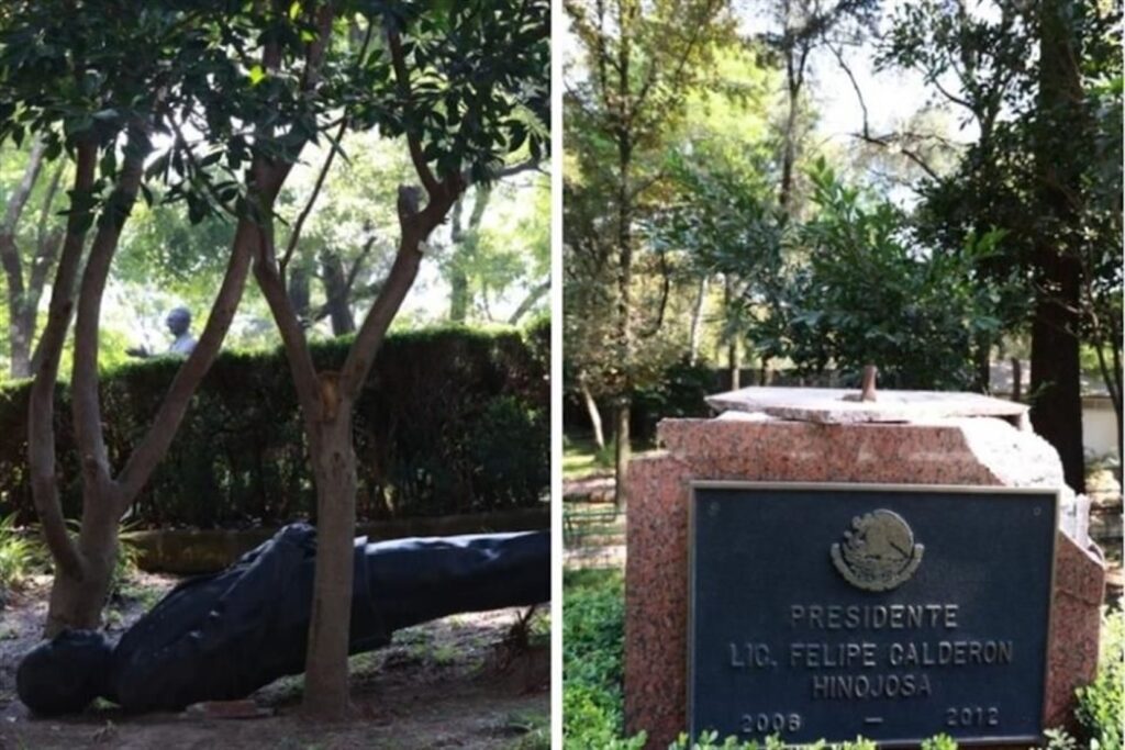 Estatua de Felipe Calderón tirada bajo los árboles y pedestal de granito con la placa del presidente 2006-2012