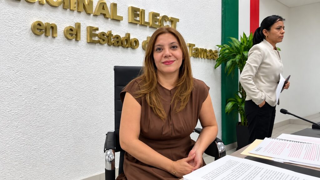 Gabriela Georgina Sánchez Zavala, presidenta del Consejo Local del INE en Tabasco, sentada en la mesa de la sala de sesiones
