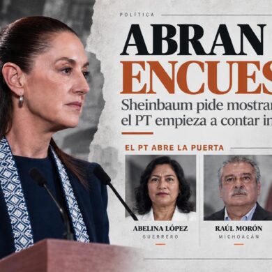 Visual editorial con Claudia Sheinbaum en conferencia y retratos de Abelina López, Raúl Morón y Rafael Marín Mollinedo sobre la apertura de encuestas en Morena.